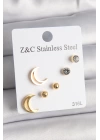 BFS 316L Çelik Gold Renk Zirkon Taşlı Hilal Model Kadın Küpe Seti