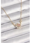 BFS 316L Çelik Gold Renk Zirkon Taşlı Hilal Pembe Kalp Model Kadın Kolye