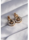 BFS 316L Çelik Gold Renk Zirkon Taşlı İç İçe Geçmeli Oval Küpe