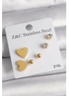 BFS 316L Çelik Gold Renk Zirkon Taşlı Kalpli Kadın Küpe Seti
