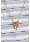 BFS 316L Çelik Gold Zincir Pembe Kristal Kalp Model Zirkon Taşlı Kurdele Model Kadın Kolye