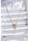 BFS 316L Çelik Gold Zincir Pembe Kristal Kalp Model Zirkon Taşlı Kurdele Model Kadın Kolye