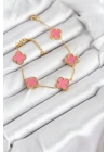 BFS 316L Çelik Gold Zincir Pembe Yonca Renk Bileklik
