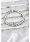 BFS 316L Çelik Gümüş Renk Baget Zirkon Taşlı Yılan Zincirli Kadın Bileklik