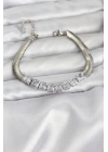 BFS 316L Çelik Gümüş Renk Kare Zirkon Taşlı Yılan Zincirli Kadın Bileklik