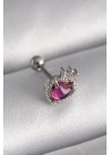 BFS 316L Çelik Gümüş Renk Pembe Mineli Kalp Zirkon Taş Detaylı Taç Tragus Piercing