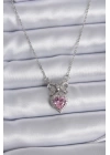 BFS 316L Çelik Gümüş Renk Zincir Pembe Kristal Kalp Zirkon Taşlı Kurdele Model Kadın Kolye