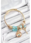 BFS 316L Çelik Mavi Zirkon Taşlı Baykuş Arı Ve Anahtar Model Gold Renk Charm Bileklik