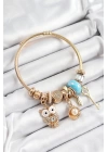BFS 316L Çelik Mavi Zirkon Taşlı Baykuş İstiridye Ve Anahtar Model Gold Renk Charm Bileklik