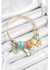 BFS 316L Çelik Mavi Zirkon Taşlı Kelebek Fiyonk Ve Kilit Model Gold Renk Charm Bileklik