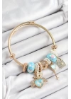 BFS 316L Çelik Mavi Zirkon Taşlı Kilit Anahtar Ve Kalp Model Gold Renk Charm BileklikCharm Bileklik