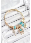 BFS 316L Çelik Mavi Zirkon Taşlı Kilit Göz Ve Anahtar Model Gold Renk Charm Bileklik