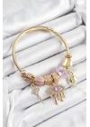 BFS 316L Çelik Mor Zirkon Taşlı Kilit Göz Ve Anahtar Model Gold Renk Charm Bileklik