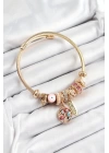 BFS 316L Çelik Pembe Nazarlı Zirkon Taşlı İnci Detaylı Hayat Ağacı Model Gold Renk Charm Bileklik