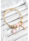 BFS 316L Çelik Pembe Zirkon Taşlı Anahtar Ve Kalp Model Gold Renk Charm Bileklik