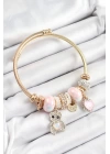 BFS 316L Çelik Pembe Zirkon Taşlı Ayıcık Ve Kalp Model Gold Renk Charm Bileklik