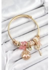 BFS 316L Çelik Pembe Zirkon Taşlı Baykuş Arı Ve Anahtar Model Gold Renk Charm Bileklik