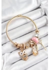 BFS 316L Çelik Pembe Zirkon Taşlı Baykuş İstiridye Ve Anahtar Model Gold Renk Charm Bileklik
