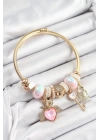 BFS 316L Çelik Pembe Zirkon Taşlı Kilit Anahtar Ve Kalp Model Gold Renk Charm BileklikCharm Bileklik
