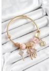 BFS 316L Çelik Pembe Zirkon Taşlı Kilit Göz Ve Anahtar Model Gold Renk Charm Bileklik