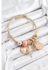 BFS 316L Çelik Pembe Zirkon Taşlı Yıldız Melek İstiridye Ve Kalp Model Gold Renk Charm Bileklik