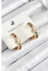 BFS 316L Çelik Renkli Zirkon Taşlı Kalpli Baget Halka Model Gold Renk Kadın Küpe