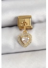 BFS 316L Çelik Sallantılı Zirkon Taşlı Kalp Model Gold Renk Nomination Charm