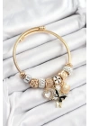 BFS 316L Çelik Siyah Zirkon Taşlı Kalp Kelebek Ve İstiridye Model Gold Renk Charm Bileklik
