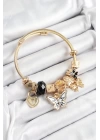 BFS 316L Çelik Siyah Zirkon Taşlı Kelebek Fiyonk Ve Kilit Model Gold Renk Charm Bileklik