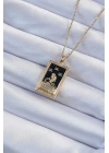 BFS 316L Çelik Zincir Altın Renk Zirkon Taşlı Siyah Mineli Kız Figürlü Tarot Kolye