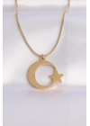 BFS 316L Çelik Zincir Gold Renk Ay Yıldız Unisex Kolye