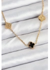 BFS 316L Çelik Zincir Gold Renk Siyah ve Zirkon Taşlı Baby Boy Yonca Kadın Kolye
