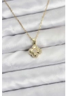 BFS 316L Çelik Zincir Gold Renk Zirkon Taşlı Yonca Model Kadın Kolye