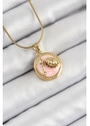 BFS 316L Çelik Zincir Pembe Mineli Sanatsal Portre İstiridye Model Gold Renk Kadın Kolye
