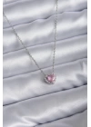 BFS 316L Çelik Zincirli Gümüş Renk Pembe Zirkon Taşlı Charm Kadın Kolye