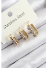 BFS 316L Çelik Zirkon Taşlı Dikdörtgen Model Gold Renk 3lü Set Kadın Küpe