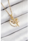 BFS 316L Çelik Zirkon Taşlı Hilal Melek Model Gold Renk Kadın Kolye