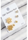 BFS 316L Çelik Zirkon Taşlı Kar Tanesi Model Gold Renk Kadın Set Küpe
