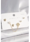 BFS 925 Ayar Gümüş Çivi Pirinç Gold Renk Zirkon Taşlı Yonca Model Sallantı Zincir Detay Kadın Küpe Seti