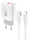 BFS  C89Q 1 Adet 30W Type-C ve 1 Adet 22.5W USB Çıkışlı Ekstra DL49 1M USB to Type-C Kablolu PD Şarj Cihazı - Beyaz