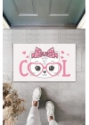 BFS Dijital Baskı Beyaz Cool Pembe Gözlüklü Fiyonklu Kedi Dekoratif Kapı Paspası K-2038