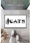 BFS Dijital Baskı Beyaz Kedilerle Bezenmiş Cats Yazılı Dekoratif Kapı Paspası K-2028