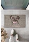 BFS Dijital Baskı Gri Hug A Pug Yazılı Pembe Fiyonklu Gözlüklü Köpek Dekoratif Kapı Paspası K-2019