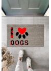 BFS Dijital Baskı Gri Kırmızı Kalpli Patili I Love Dogs Dekoratif Kapı Paspası K-2076
