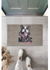 BFS Dijital Baskı Gri Music Yazılı Kulaklıklı Köpek Dekoratif Kapı Paspası K-2043