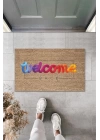BFS Dijital Baskı Kahverengi Karışık Renkli Welcome Dekoratif Kapı Paspası K-2003