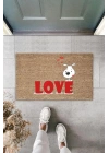 BFS Dijital Baskı Kahverengi Kırmızı Love Yazılı Beyaz Köpek Dekoratif Kapı Paspası K-2013