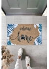 BFS Dijital Baskı Kahverengi Mavi Yapraklı Welcome Home Dekoratif Kapı Paspası K-2007