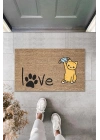 BFS Dijital Baskı Kahverengi Patili Love Yazılı Maskeli Kedi Dekoratif Kapı Paspası K-2010