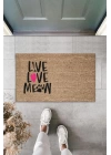 BFS Dijital Baskı Kahverengi Pembe Kalpli Kılçıklı Love Meow Dekoratif Kapı Paspası K-2046